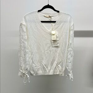 NWT Seventy White Lace Sleeve V-Neck Sweater